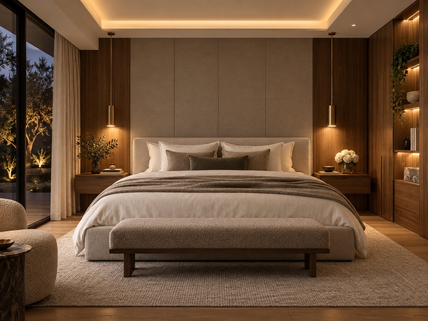 Luxury bedroom with layered warm lighting
